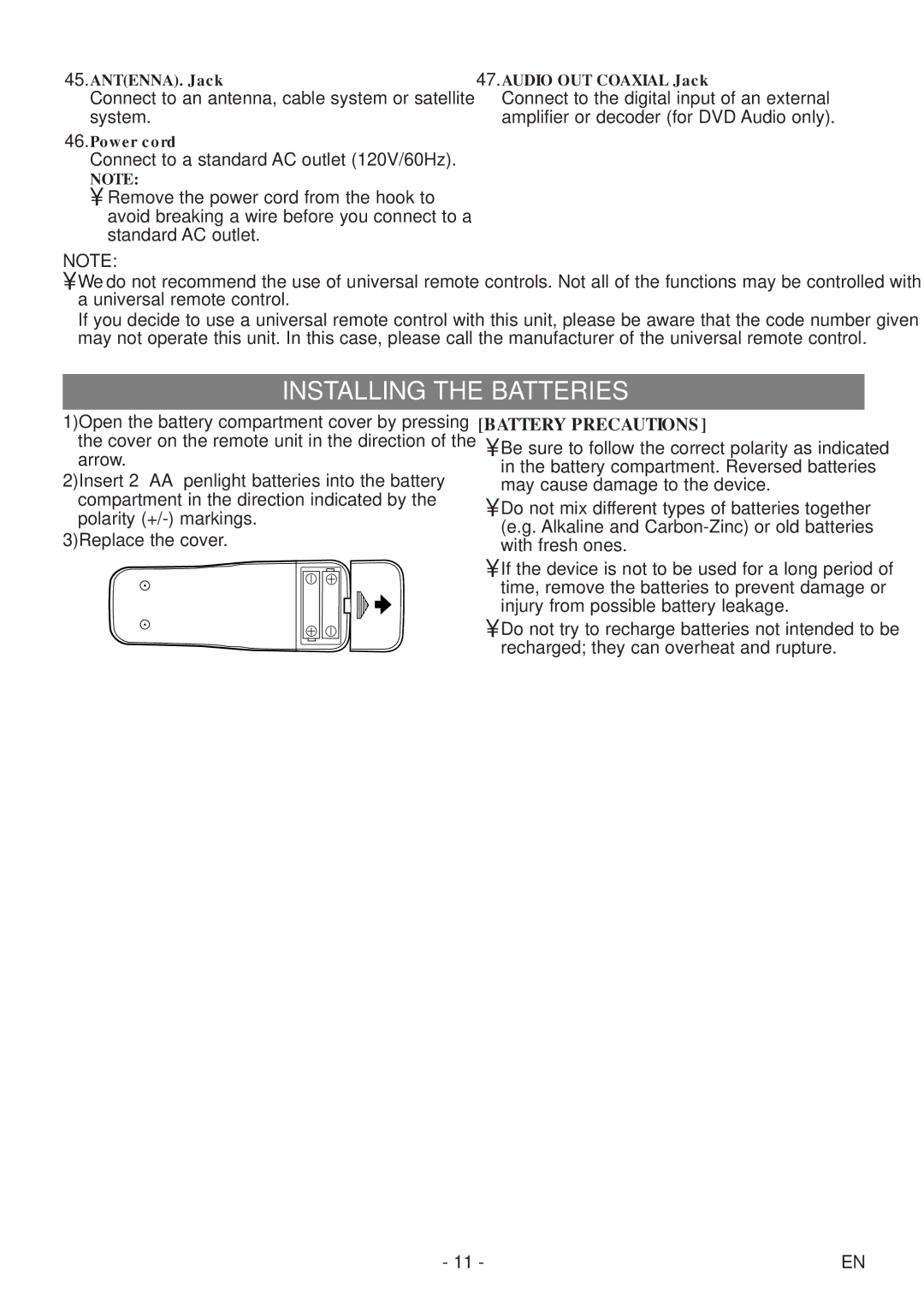 Emerson EWC19T5 owner manual Installing the Batteries, Battery Precautions 