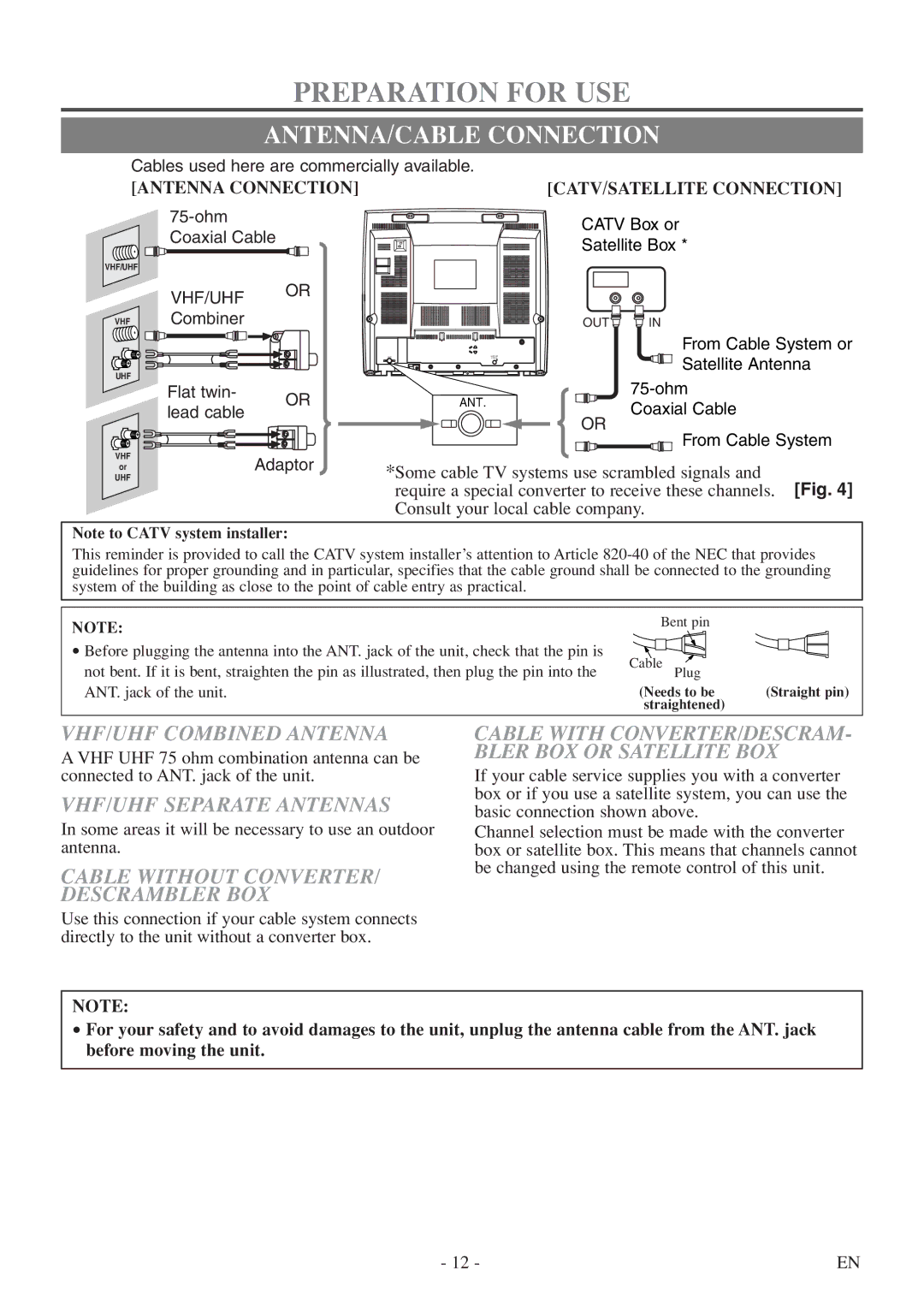 Emerson EWC19T5 Preparation for USE, ANTENNA/CABLE Connection, VHF/UHF Combined Antenna, VHF/UHF Separate Antennas 