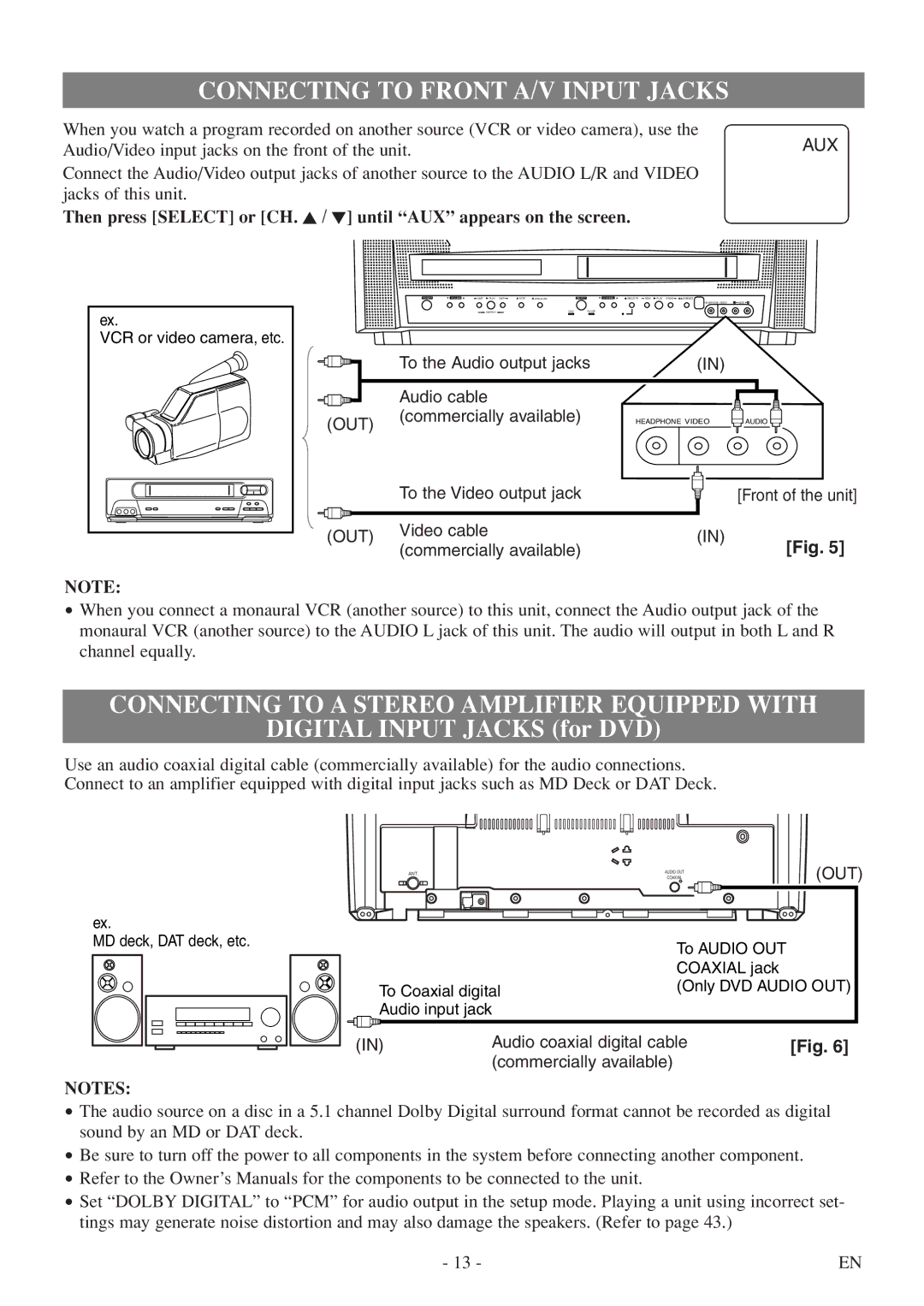 Emerson EWC19T5 owner manual Connecting to Front A/V Input Jacks, Connecting to a Stereo Amplifier Equipped with 