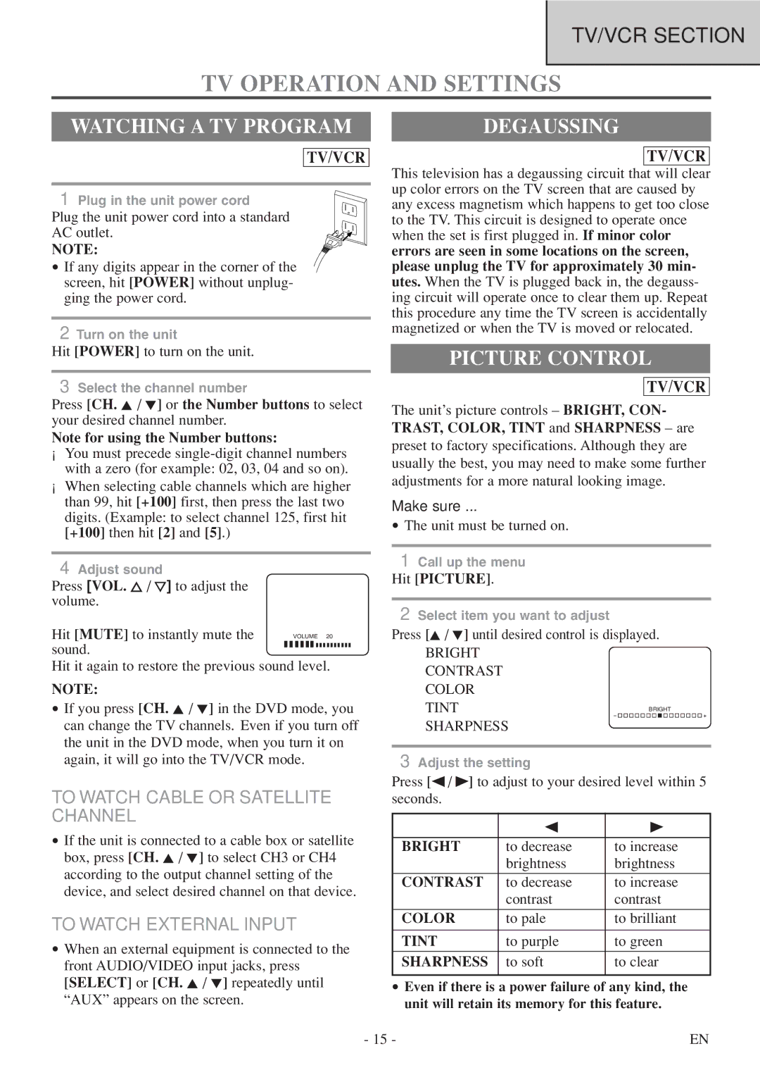 Emerson EWC19T5 owner manual TV Operation and Settings, Watching a TV Program, Degaussing, Picture Control 