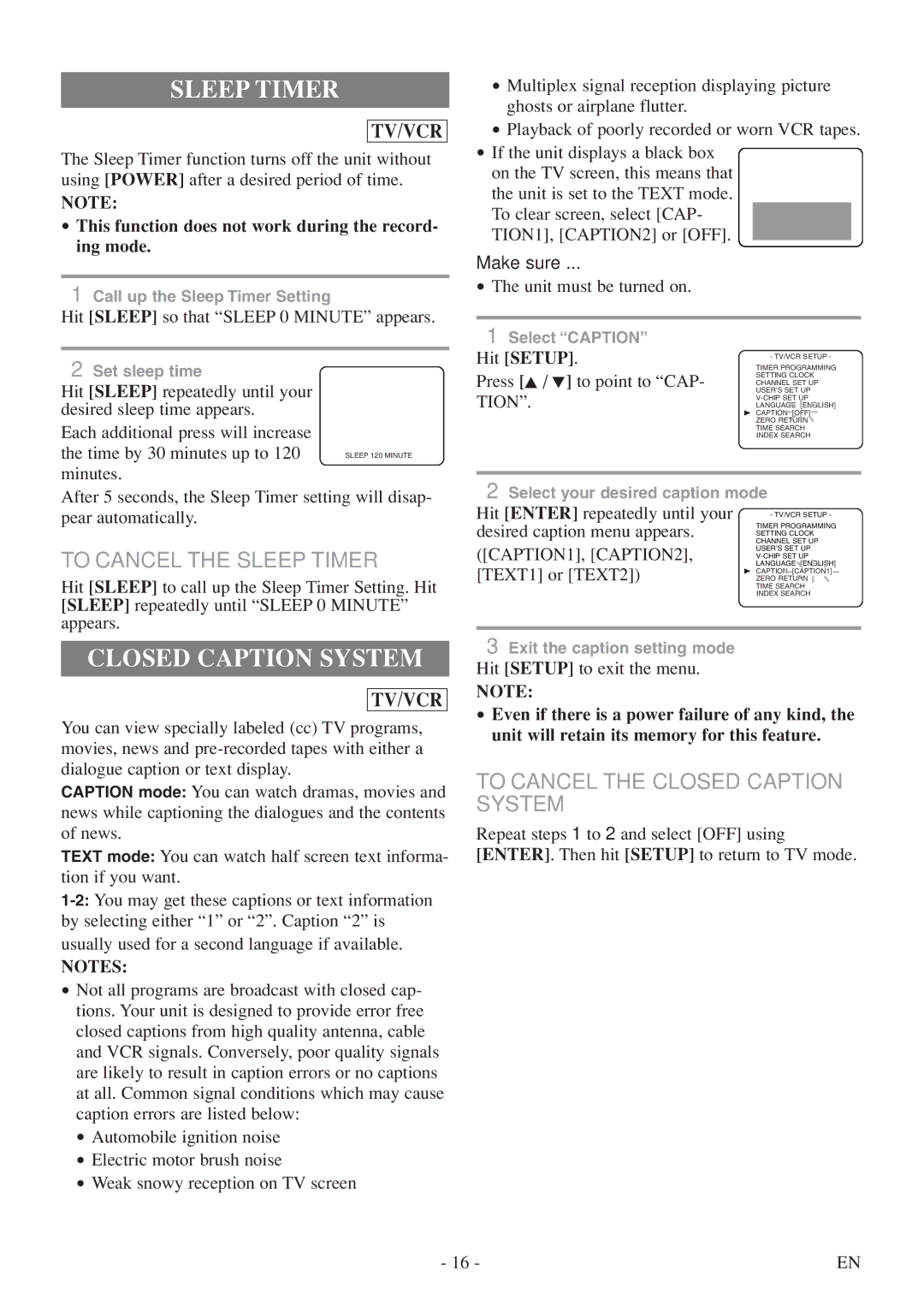 Emerson EWC19T5 owner manual To Cancel the Sleep Timer, To Cancel the Closed Caption System 