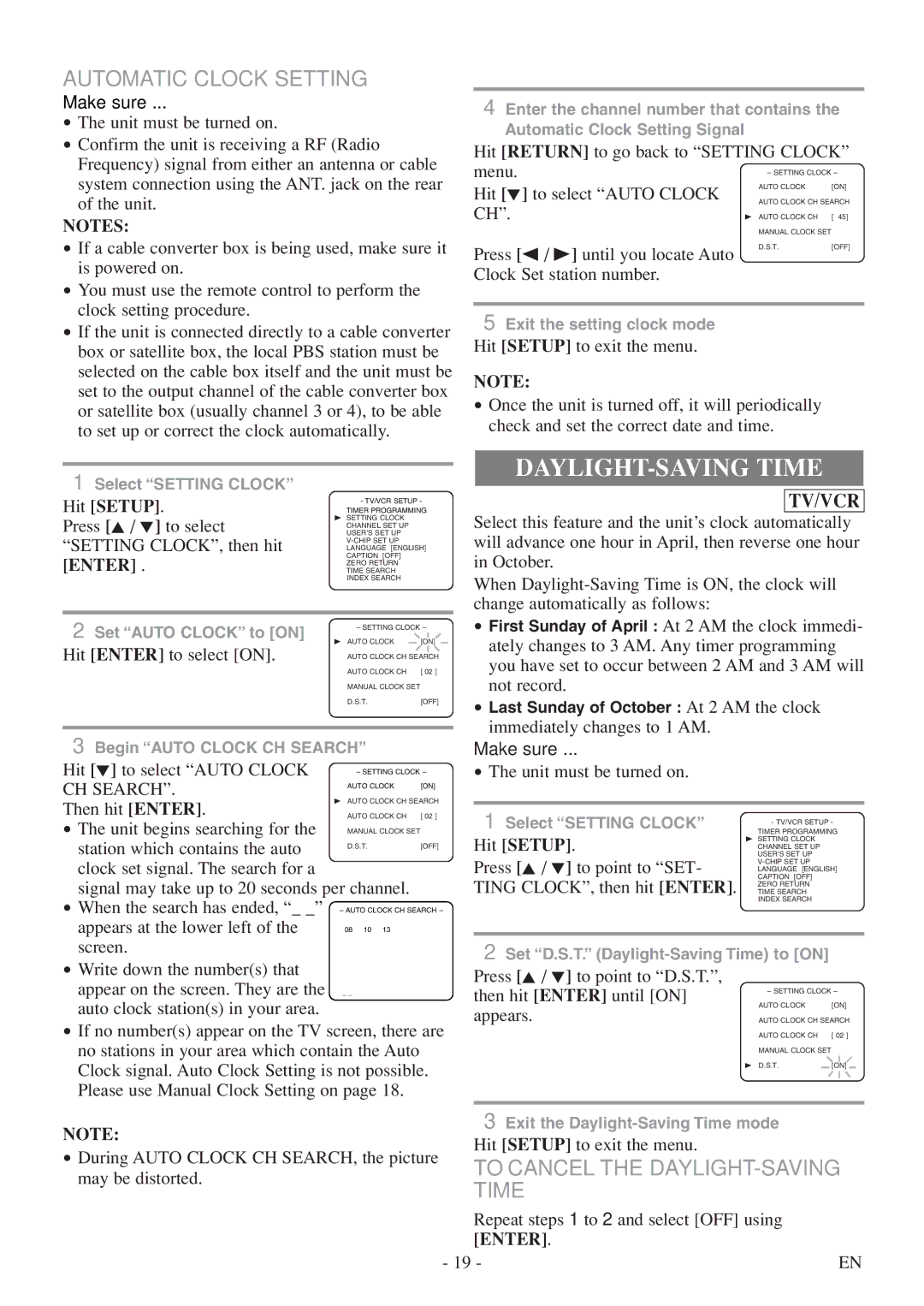 Emerson EWC19T5 owner manual Automatic Clock Setting, To Cancel the DAYLIGHT-SAVING Time, CH Search 