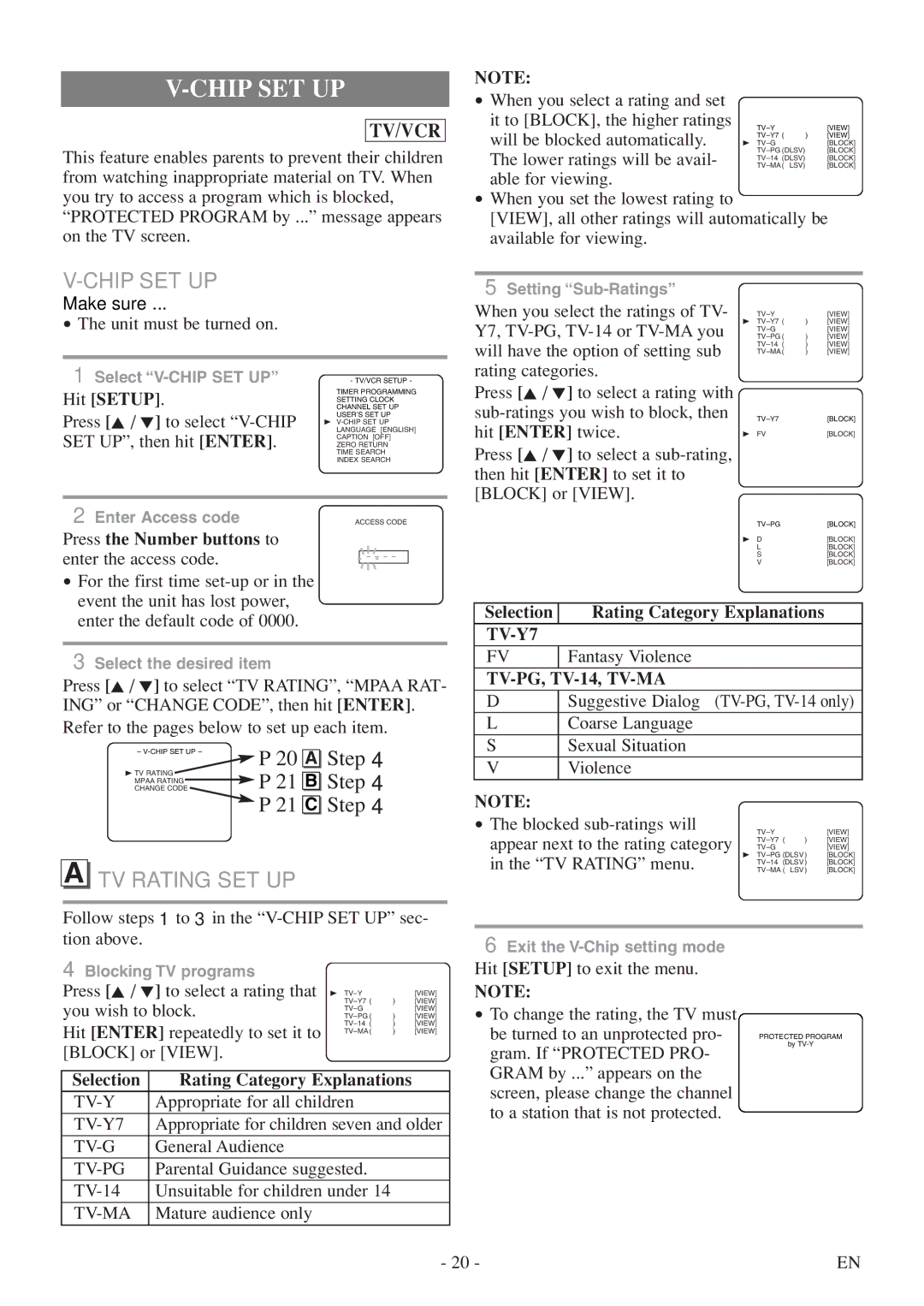 Emerson EWC19T5 owner manual Chip SET UP, TV Rating SET UP, TV-Y7, TV-PG, TV-14, TV-MA 