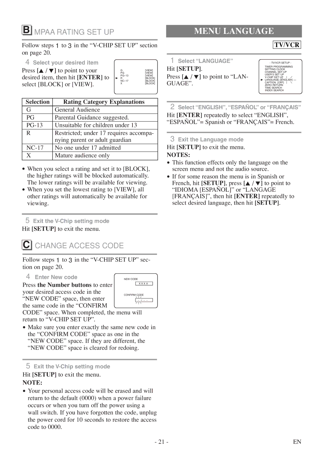 Emerson EWC19T5 owner manual Menu Language, Mpaa Rating SET UP, Change Access Code, Guage 