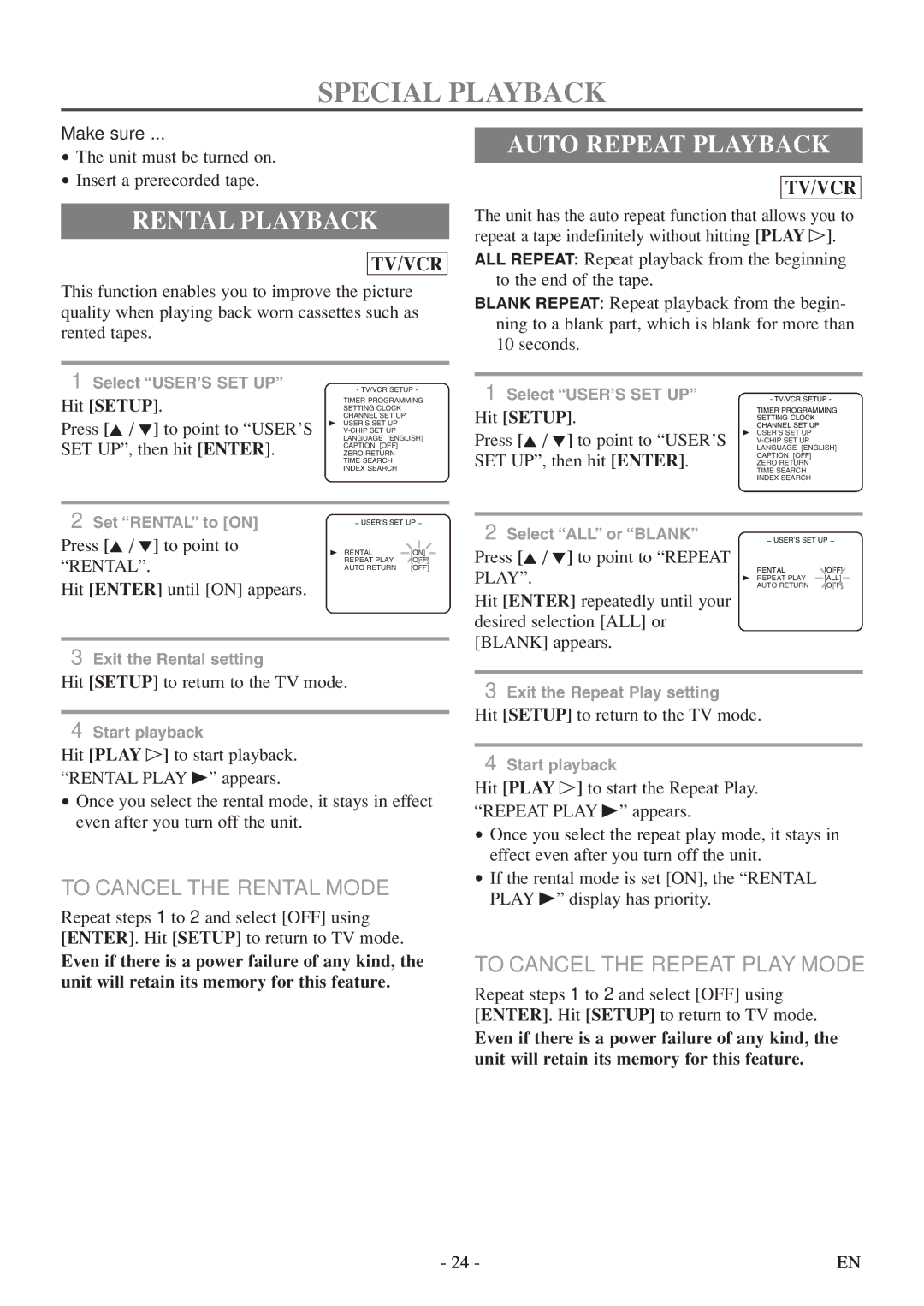 Emerson EWC19T5 owner manual Special Playback, Rental Playback, Auto Repeat Playback, To Cancel the Rental Mode 