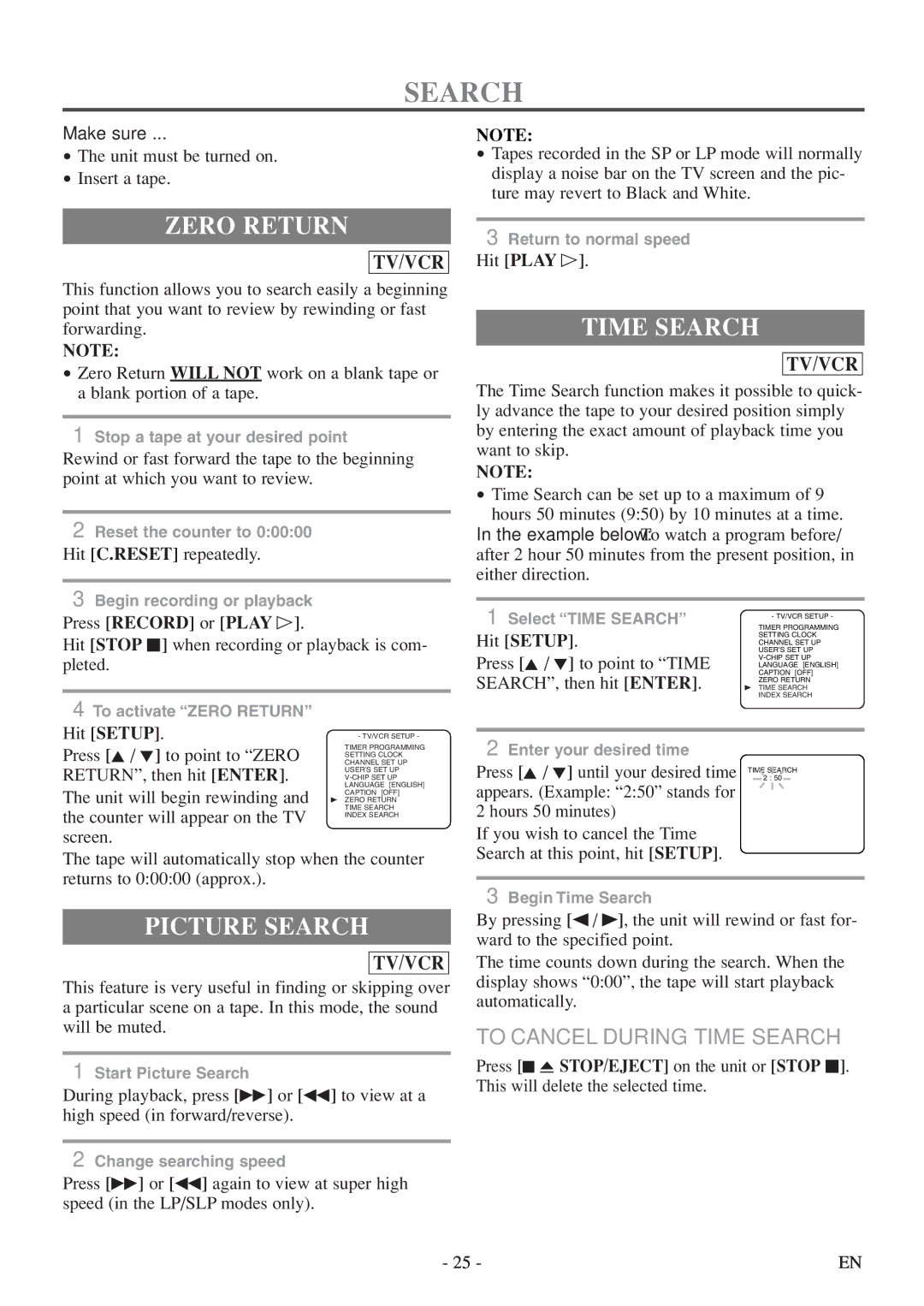 Emerson EWC19T5 owner manual Zero Return, Picture Search, To Cancel During Time Search 