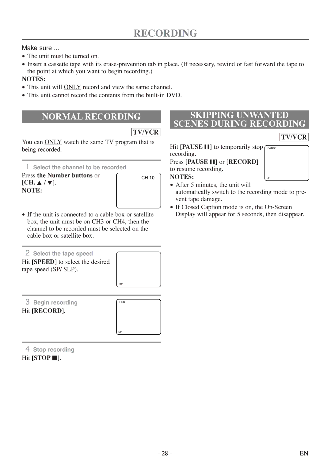 Emerson EWC19T5 owner manual Normal Recording, Skipping Unwanted Scenes During Recording 