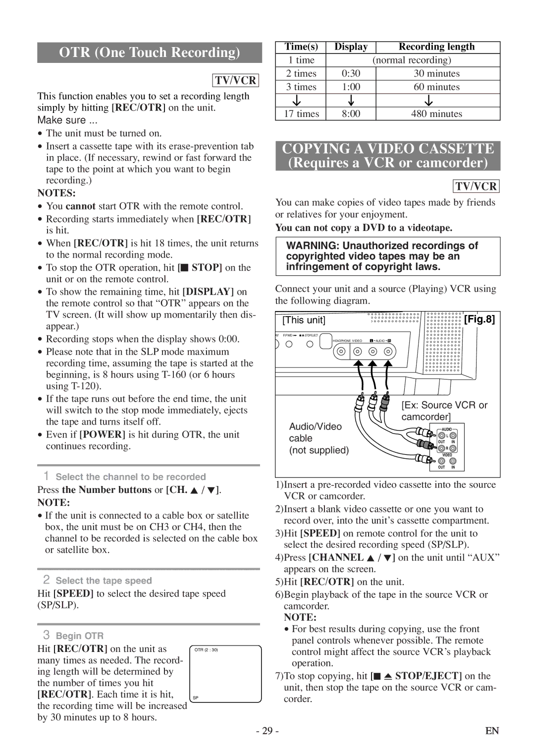 Emerson EWC19T5 owner manual Times Display Recording length, You can not copy a DVD to a videotape, Sp/Slp 