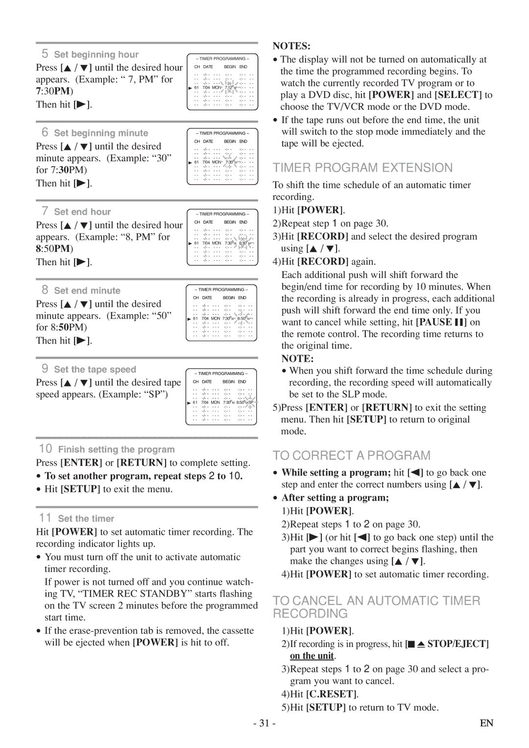 Emerson EWC19T5 owner manual Timer Program Extension, To Correct a Program, To Cancel AN Automatic Timer, Recording 