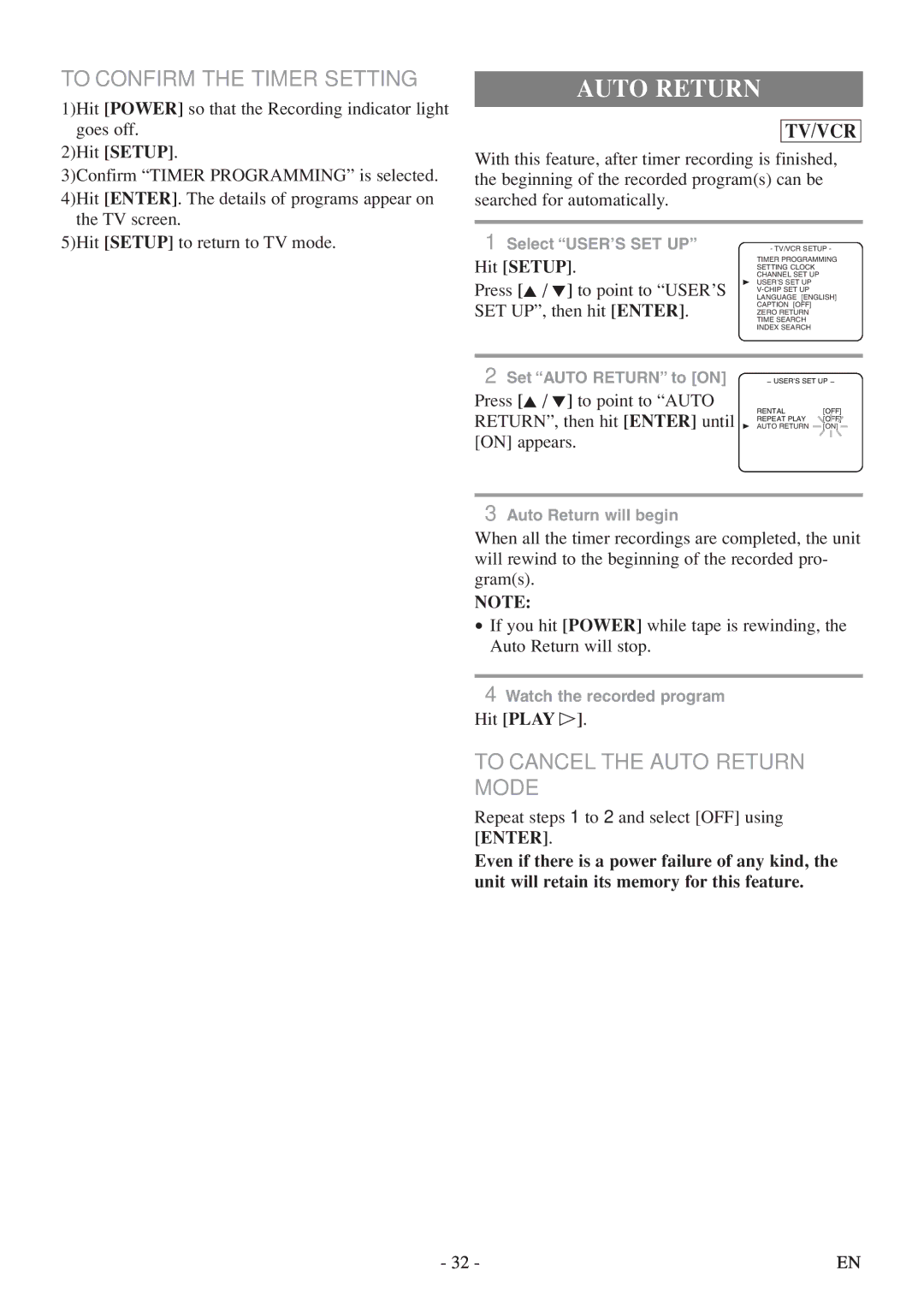 Emerson EWC19T5 owner manual To Confirm the Timer Setting, To Cancel the Auto Return Mode 