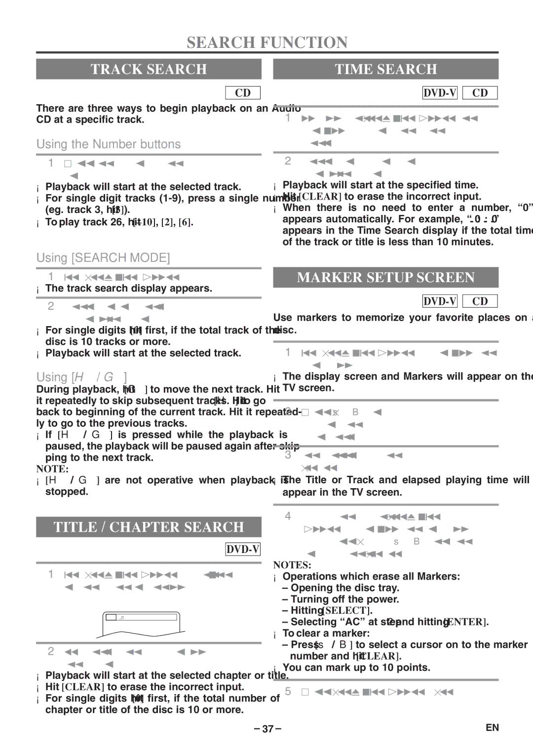 Emerson EWC19T5 owner manual Search Function, Track Search Time Search, Marker Setup Screen, Title / Chapter Search 