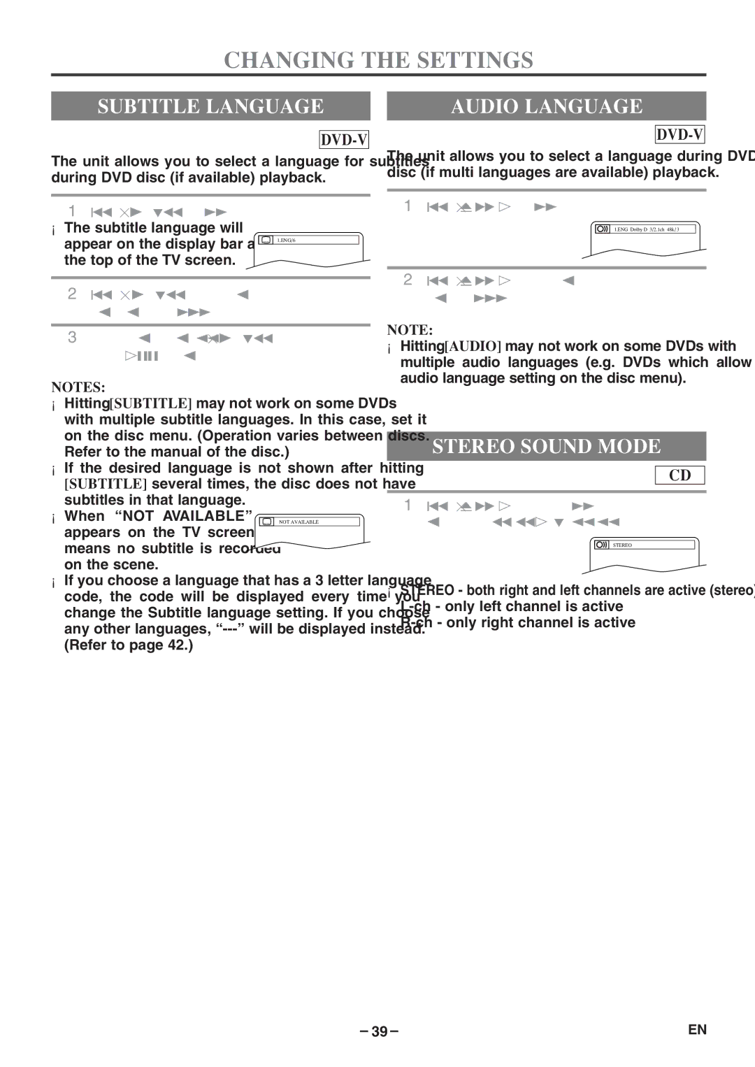 Emerson EWC19T5 owner manual Changing the Settings, Subtitle Language, Audio Language, Stereo Sound Mode 