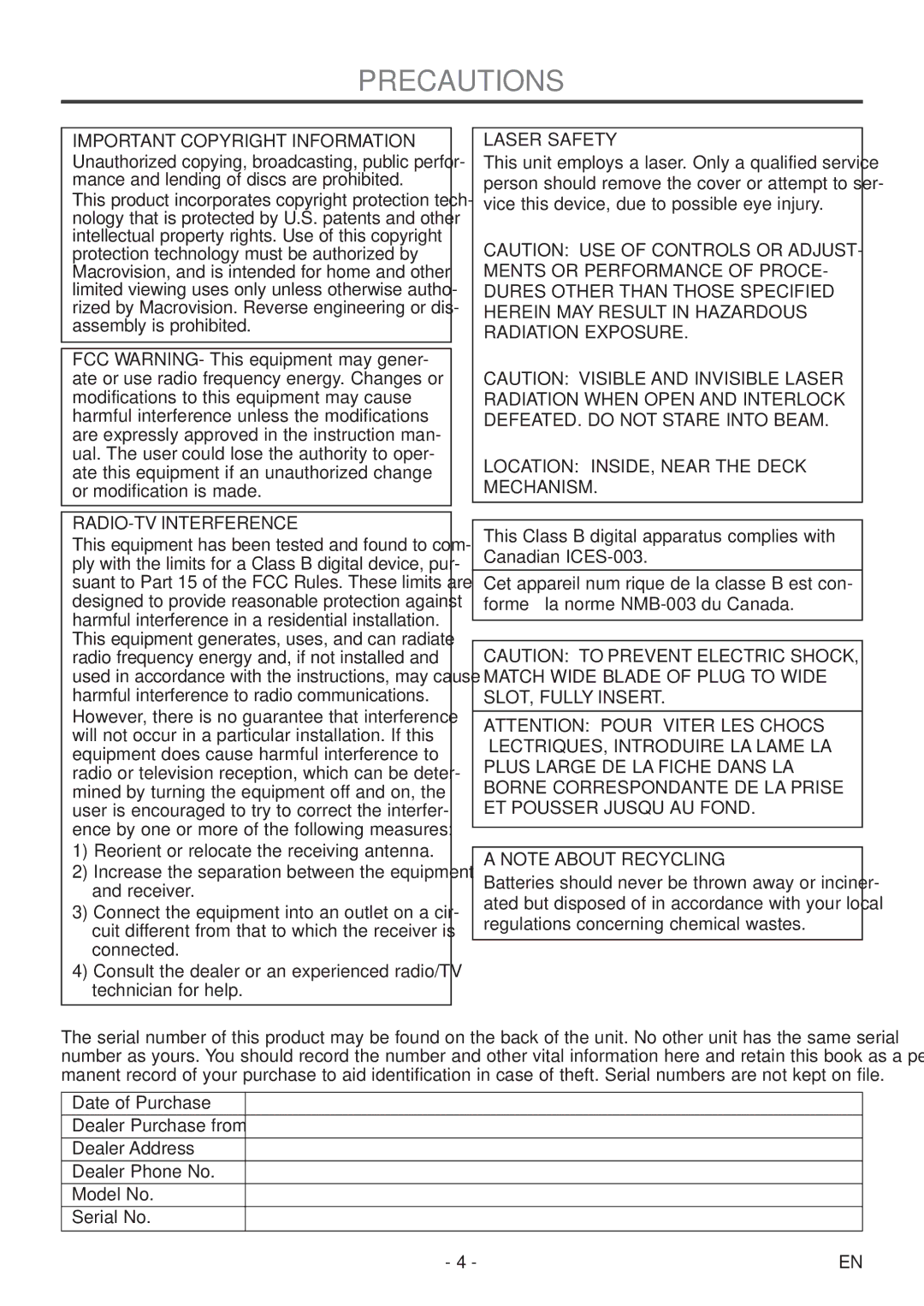 Emerson EWC19T5 owner manual Precautions, Important Copyright Information, RADIO-TV Interference, Laser Safety 