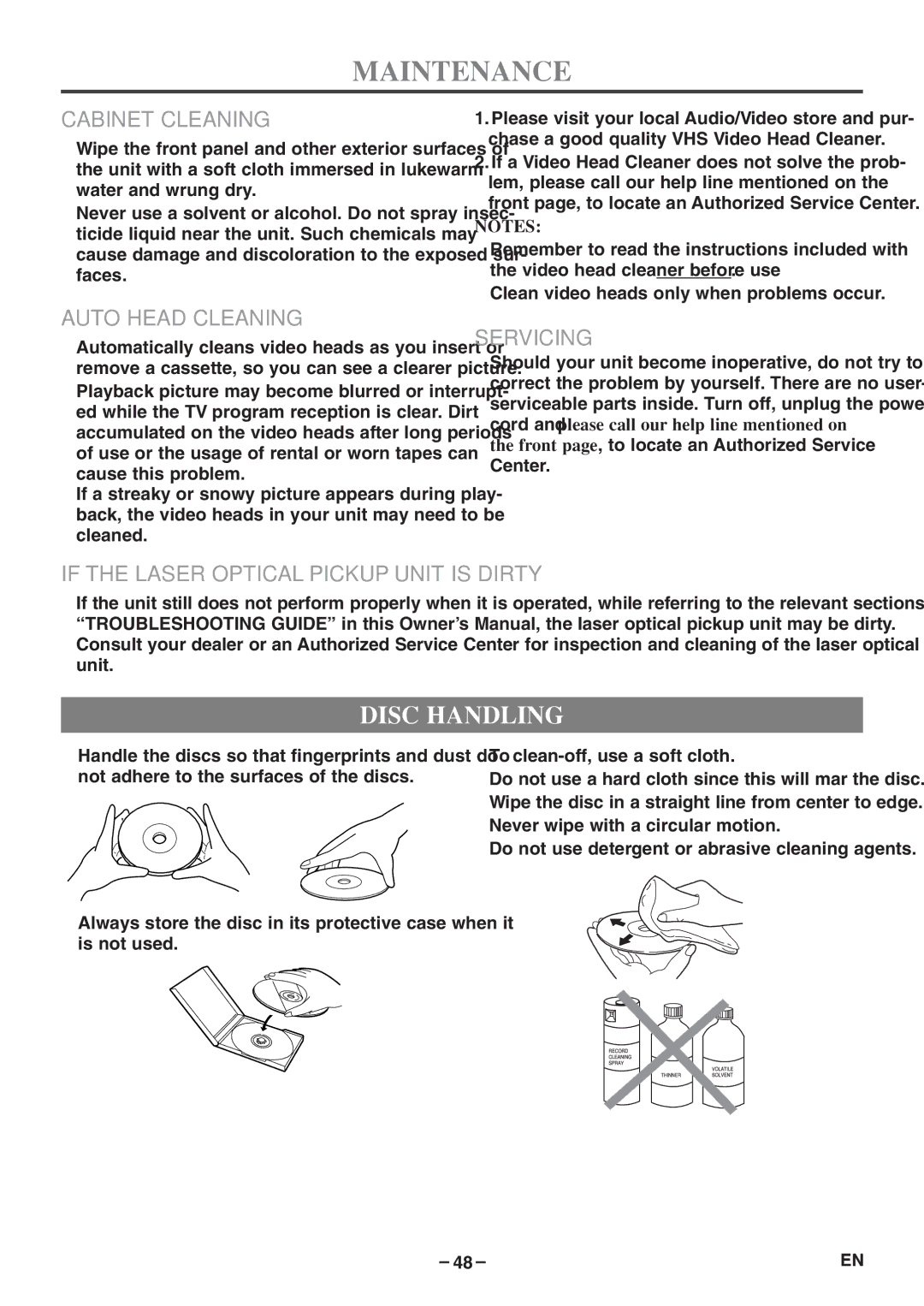 Emerson EWC19T5 owner manual Maintenance, Disc Handling 