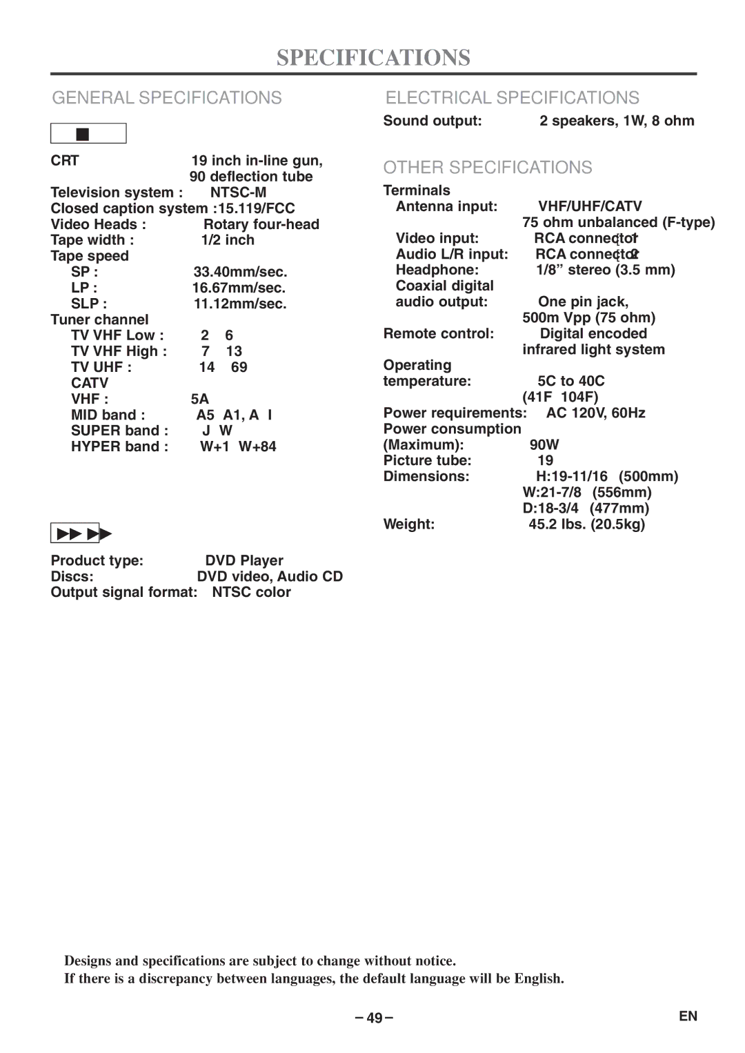 Emerson EWC19T5 owner manual General Specifications, Electrical Specifications, Other Specifications 