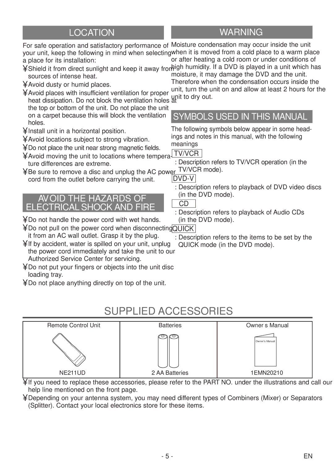 Emerson EWC19T5 owner manual Supplied Accessories, Locationwarning, Avoid the Hazards Electrical Shock and Fire 