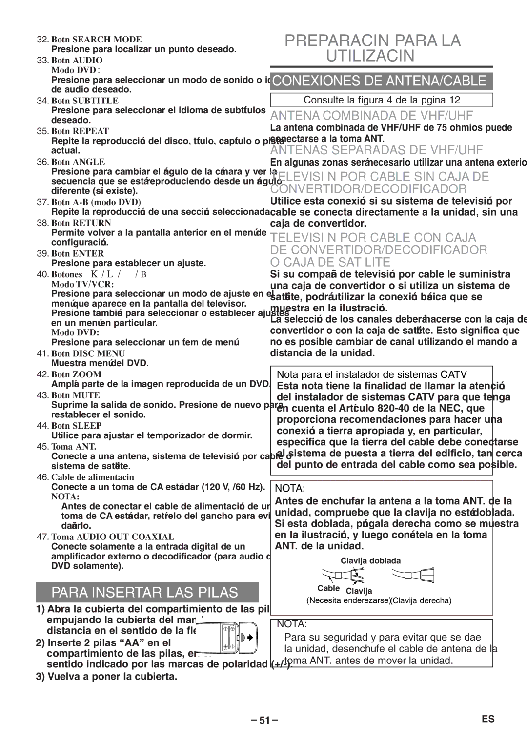 Emerson EWC19T5 owner manual Preparación Para LA Utilización, Para Insertar LAS Pilas, Conexiones DE ANTENA/CABLE 