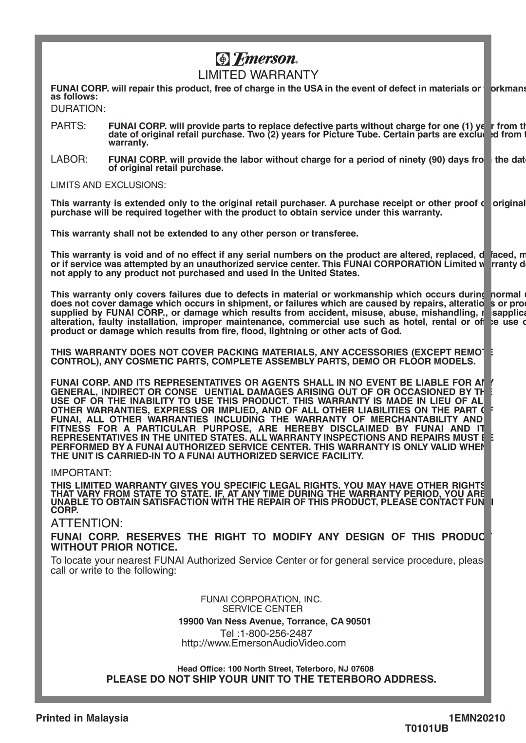 Emerson EWC19T5 owner manual Duration, Tel, Please do not Ship Your Unit to the Teterboro Address 