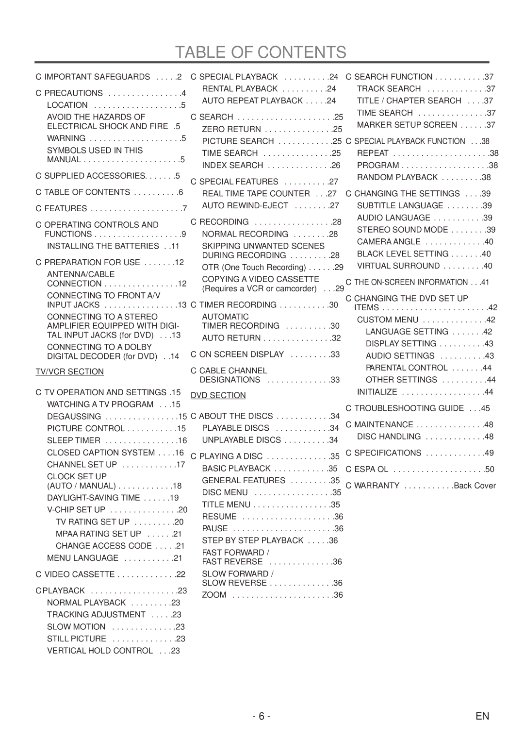 Emerson EWC19T5 owner manual Table of Contents 