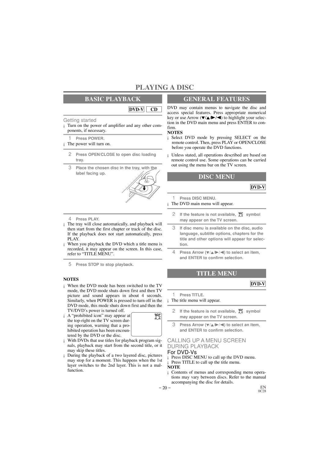 Emerson EWC20D3 owner manual Playing a Disc, Basic Playback, General Features, Disc Menu, Title Menu 