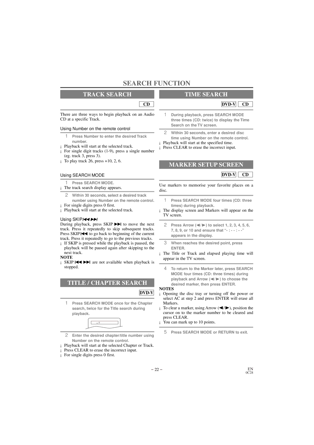 Emerson EWC20D3 owner manual Search Function, Track Search, Title / Chapter Search, Marker Setup Screen 