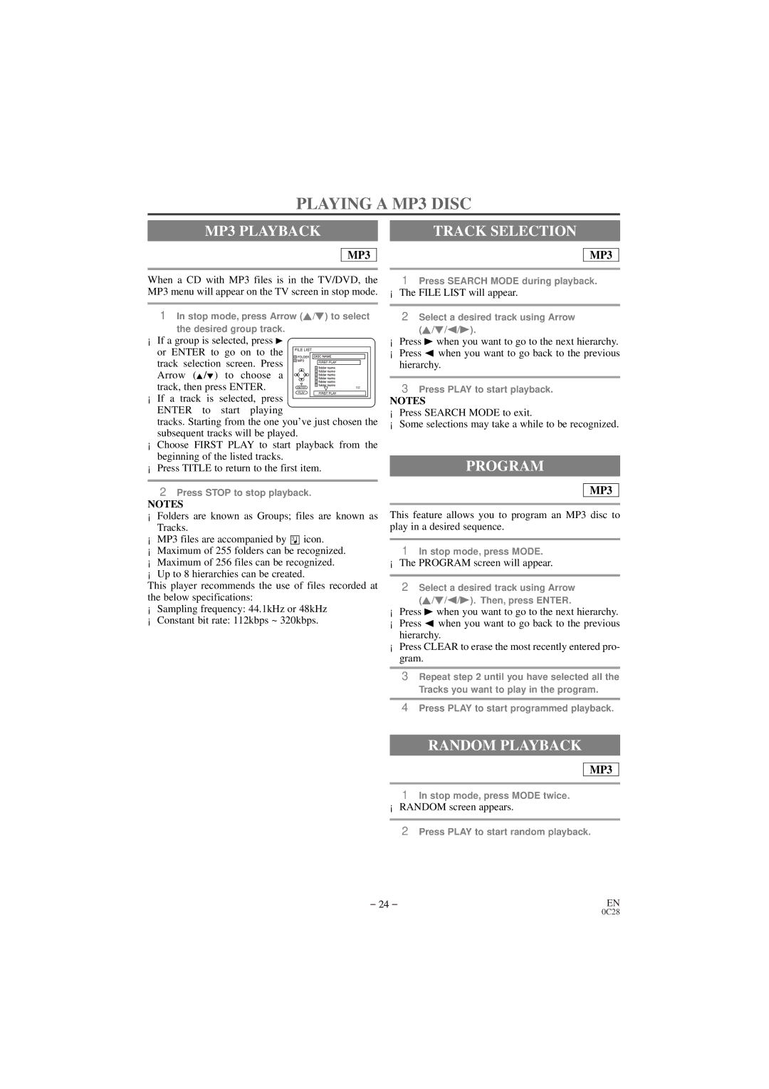 Emerson EWC20D3 owner manual Playing a MP3 Disc, MP3 Playback, Track Selection, Program 