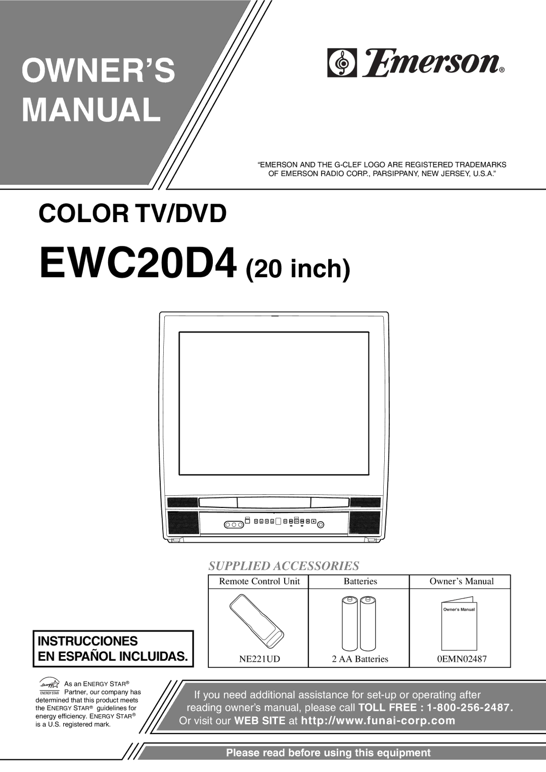 Emerson EWC20D4 owner manual OWNER’S Manual, Supplied Accessories 