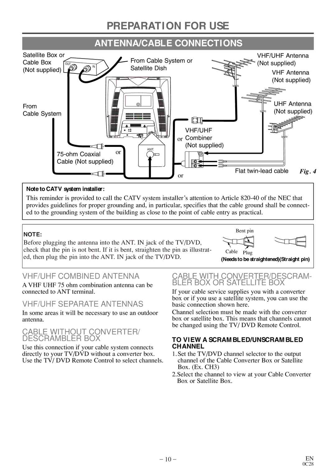 Emerson EWC20D4 Preparation for USE, ANTENNA/CABLE Connections, VHF/UHF Combined Antenna, VHF/UHF Separate Antennas 