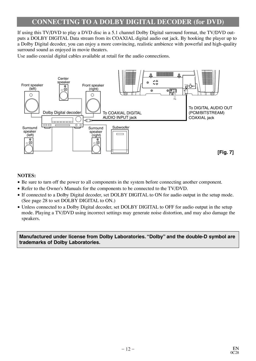 Emerson EWC20D4 owner manual Connecting to a Dolby Digital Decoder for DVD 