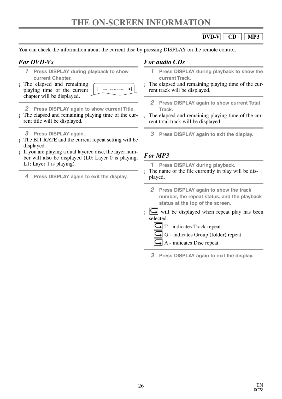 Emerson EWC20D4 owner manual ON-SCREEN Information, DVD-V CD MP3 