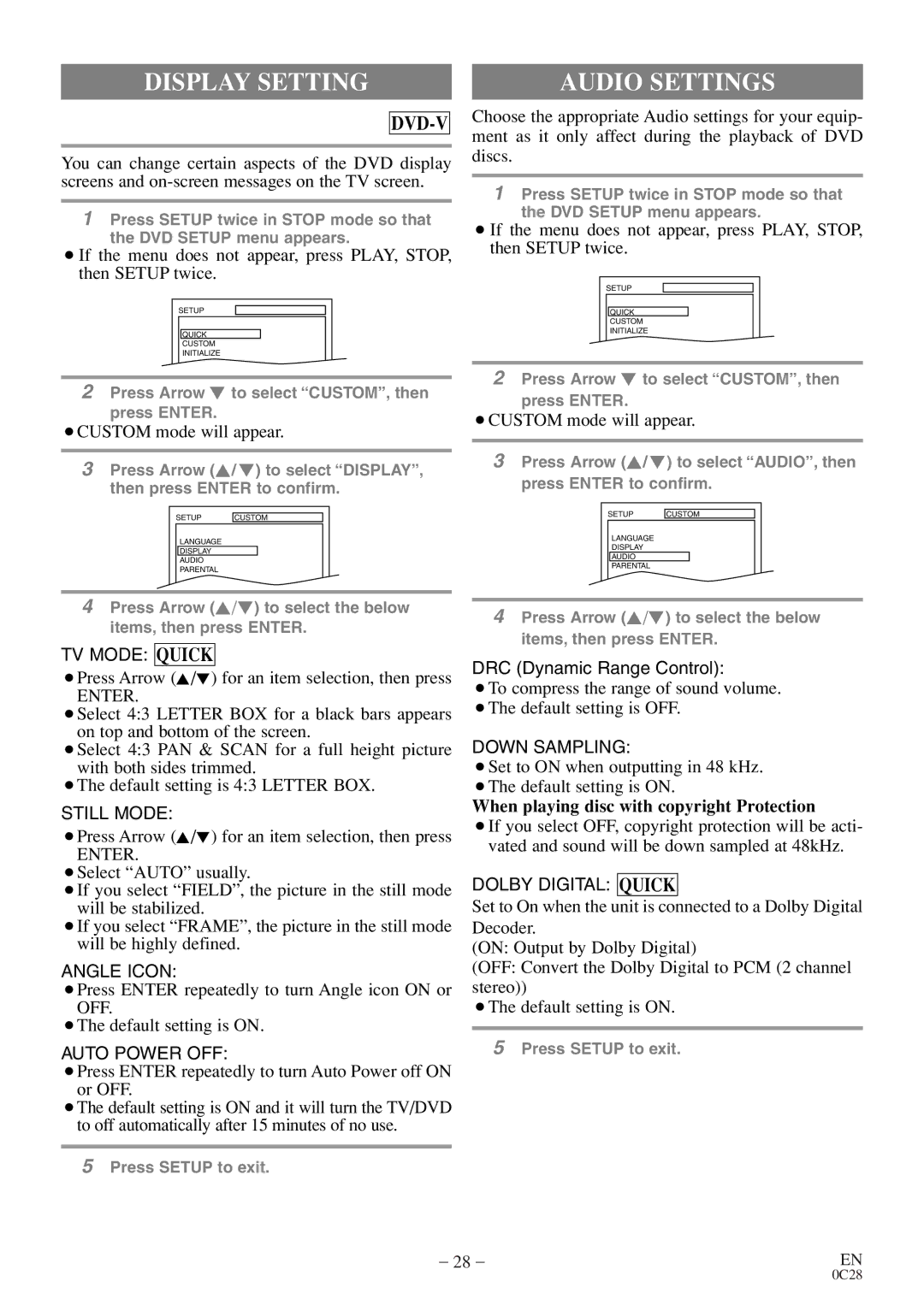 Emerson EWC20D4 owner manual Display Setting, Audio Settings, Enter, When playing disc with copyright Protection 