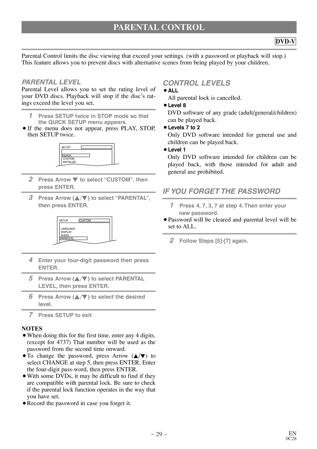 Emerson EWC20D4 owner manual Parental Control, Parental Level 