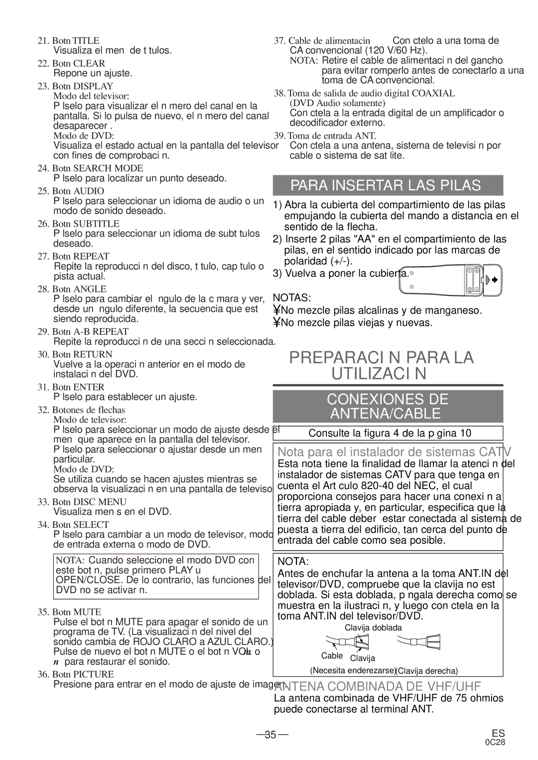 Emerson EWC20D4 owner manual Preparación Para LA Utilización, Para Insertar LAS Pilas, Conexiones DE ANTENA/CABLE 