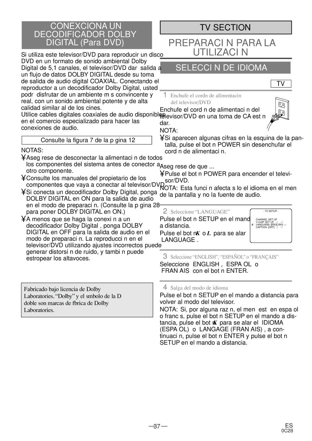 Emerson EWC20D4 owner manual Conexciona UN Decodificador Dolby, Selección DE Idioma, Consulte la figura 7 de la página 