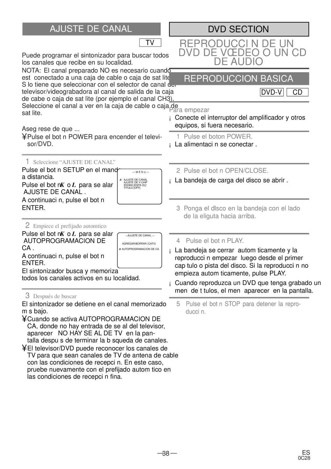 Emerson EWC20D4 owner manual Ajuste DE Canal, Reproduccion Basica, Autoprogramacion DE 