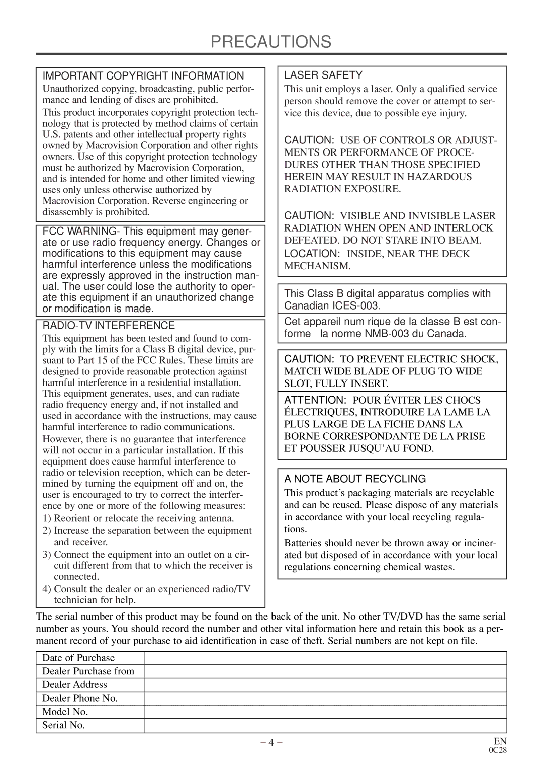 Emerson EWC20D4 owner manual Precautions, Important Copyright Information, RADIO-TV Interference, Laser Safety 