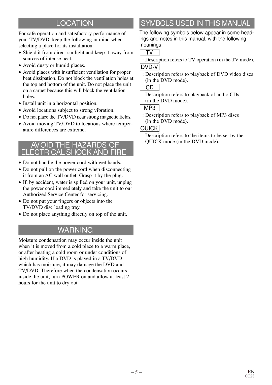 Emerson EWC20D4 owner manual Location, Avoid the Hazards Electrical Shock and Fire 