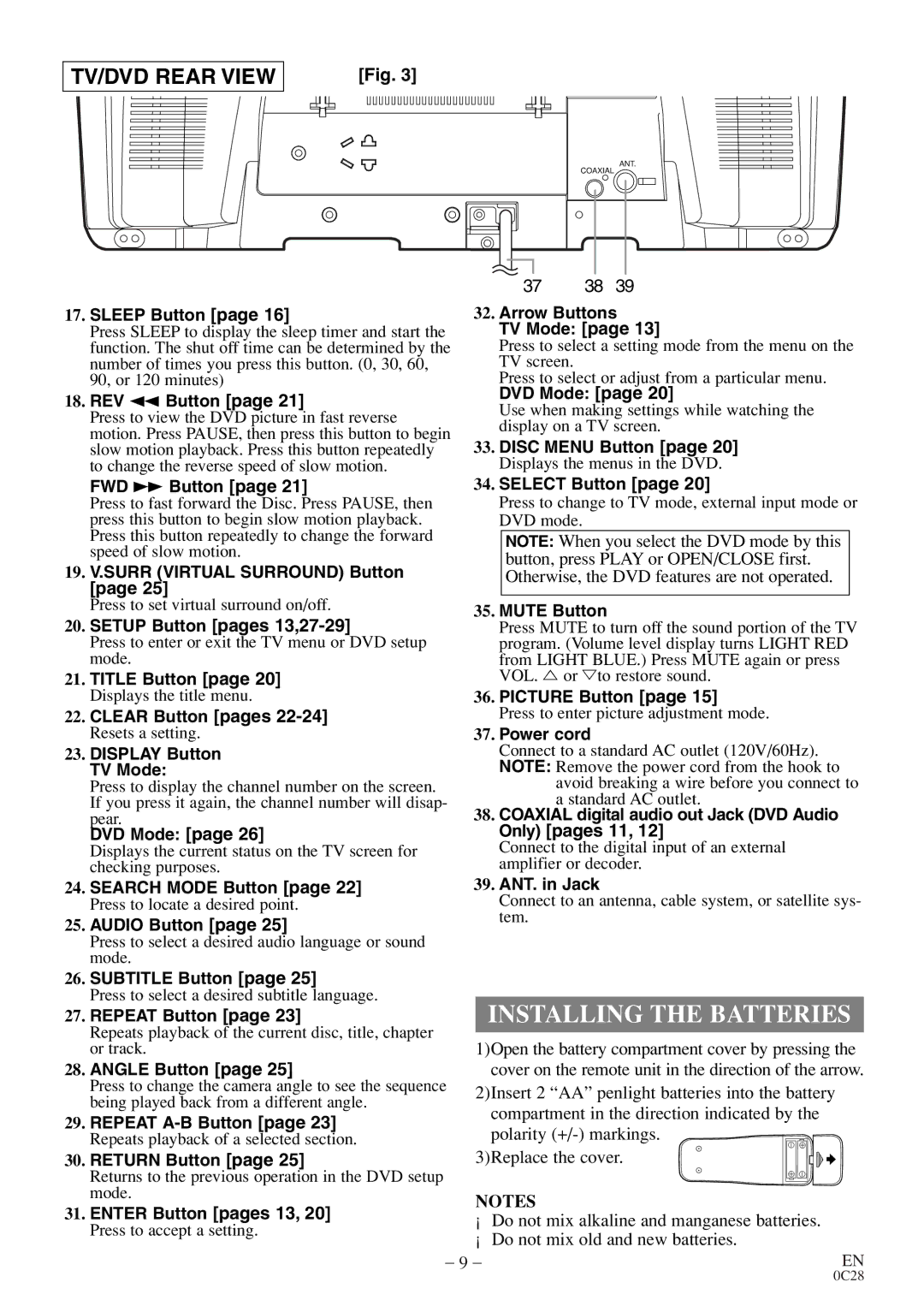 Emerson EWC20D4 owner manual Installing the Batteries, TV/DVD Rear View 