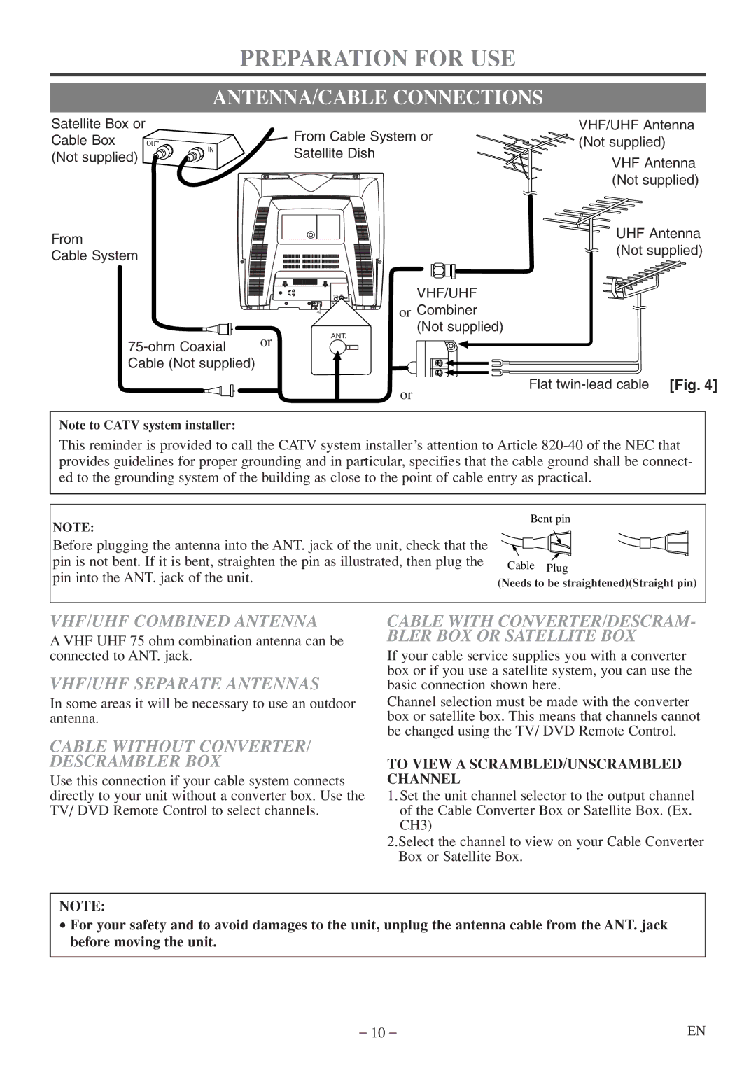 Emerson EWC20D5 A Preparation for USE, ANTENNA/CABLE Connections, VHF/UHF Combined Antenna, VHF/UHF Separate Antennas 