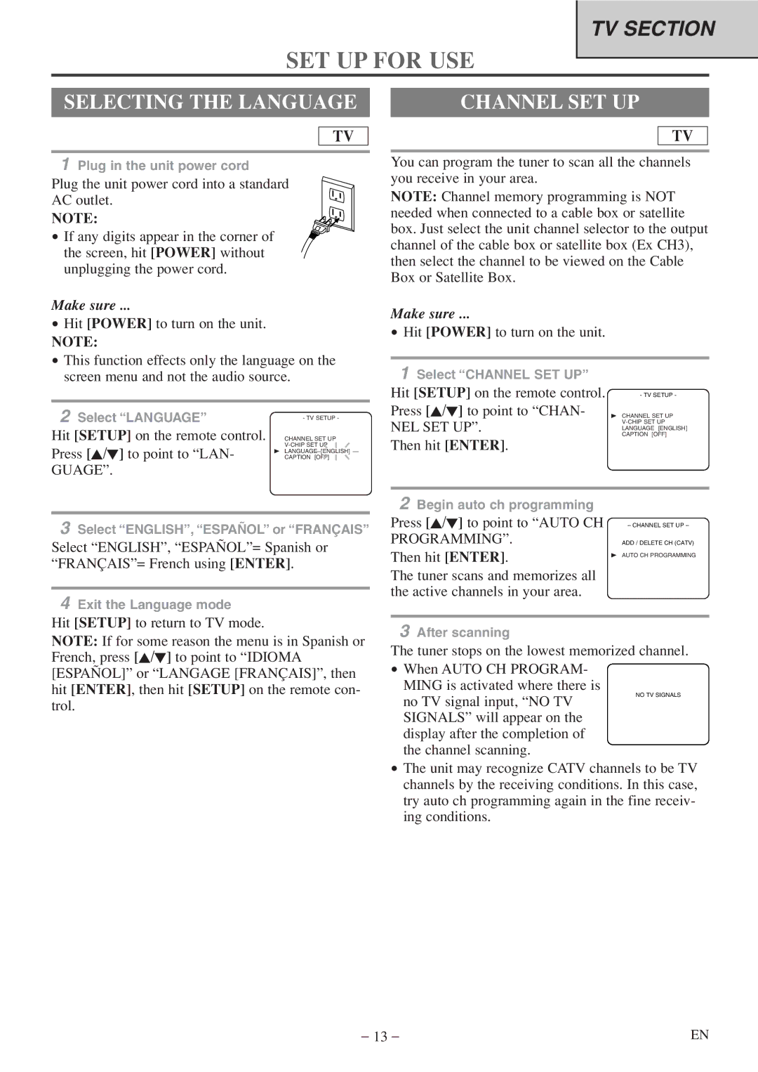 Emerson EWC20D5 A owner manual SET UP for USE, Selecting the Language, Channel SET UP 