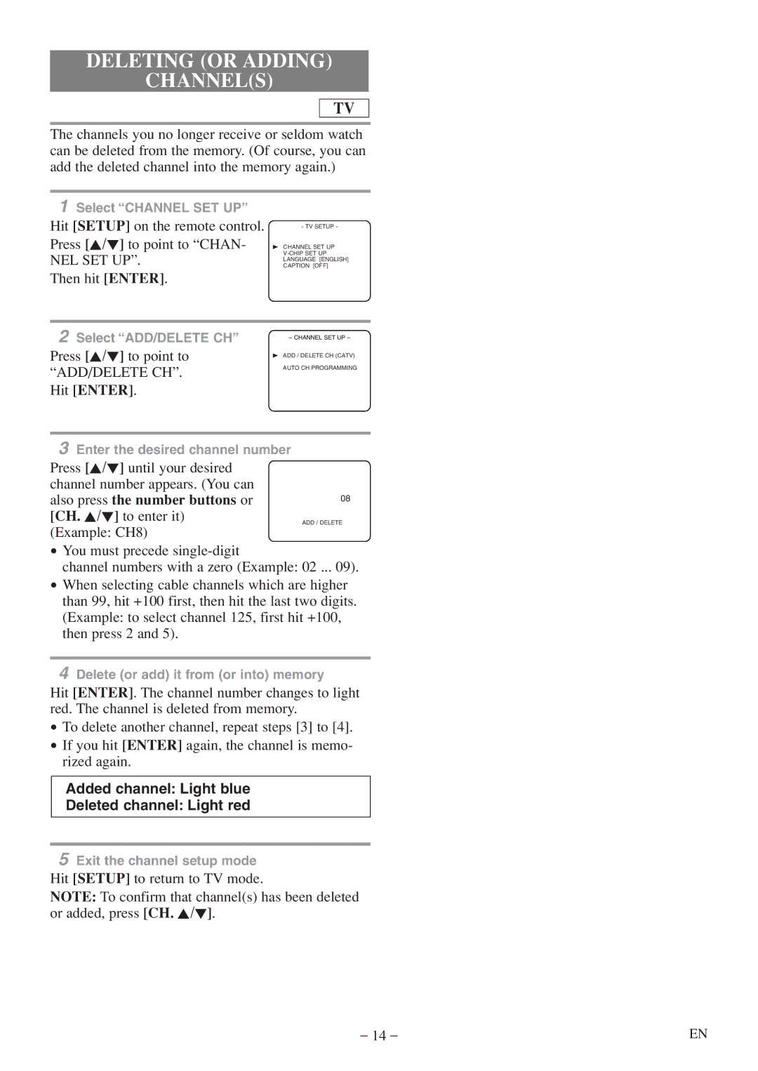 Emerson EWC20D5 A owner manual Deleting or Adding Channels 