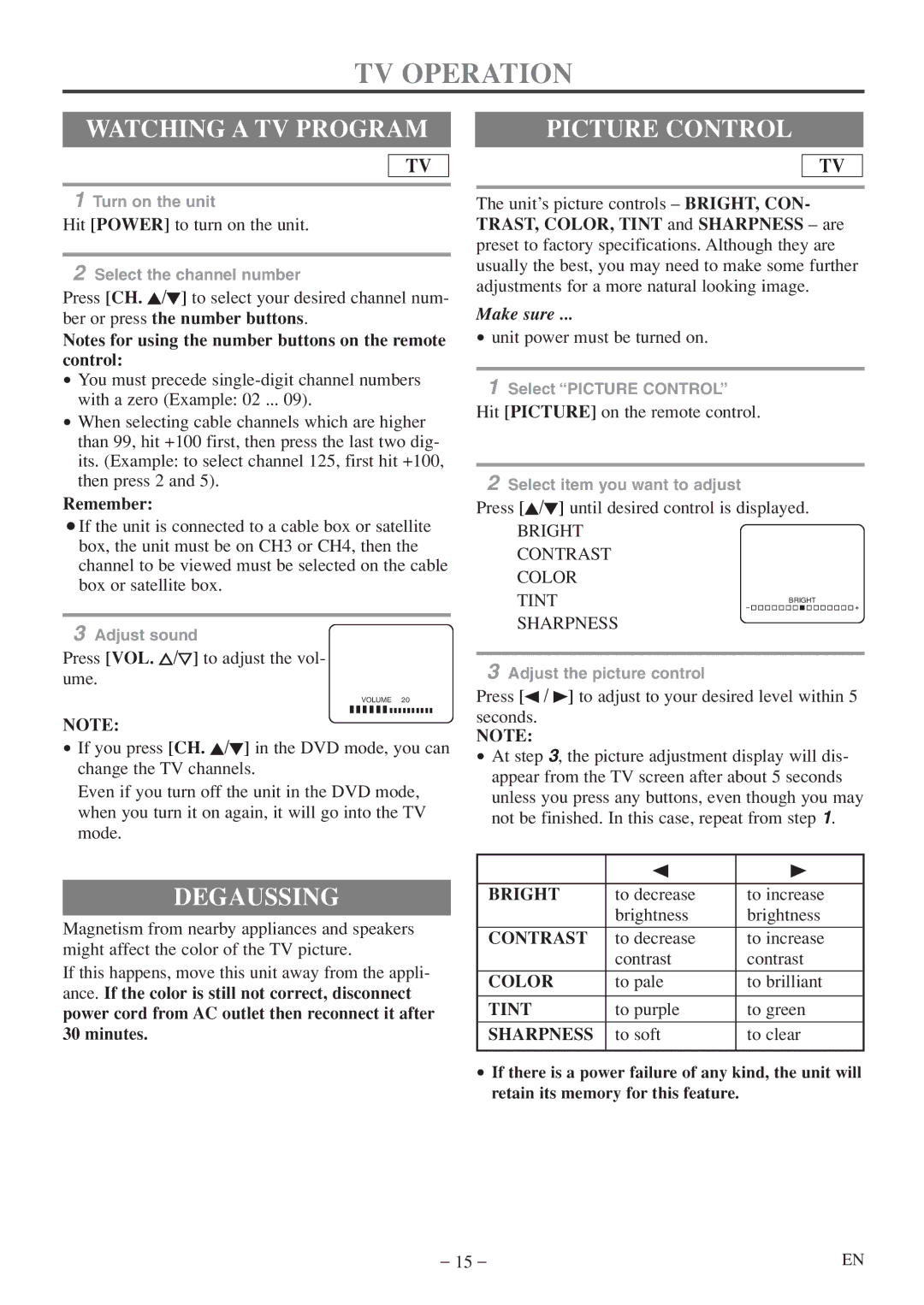 Emerson EWC20D5 A owner manual TV Operation, Watching a TV Program, Degaussing, Picture Control 