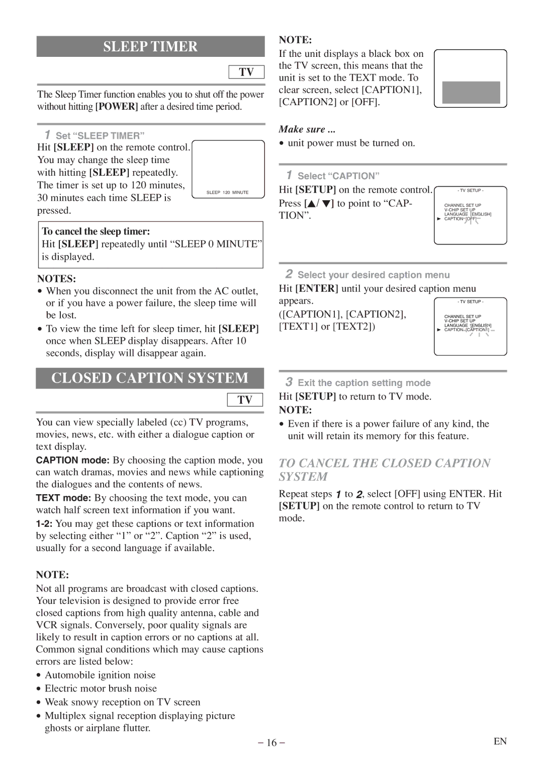 Emerson EWC20D5 A owner manual Sleep Timer, To Cancel the Closed Caption System, To cancel the sleep timer, Tion 