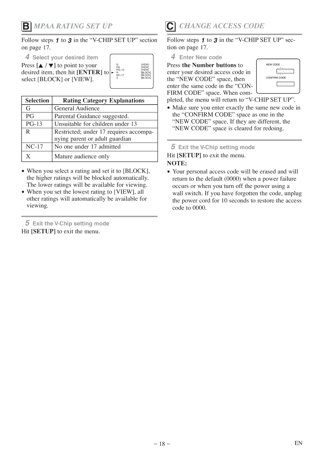 Emerson EWC20D5 A owner manual Mpaa Rating SET UP, Change Access Code 