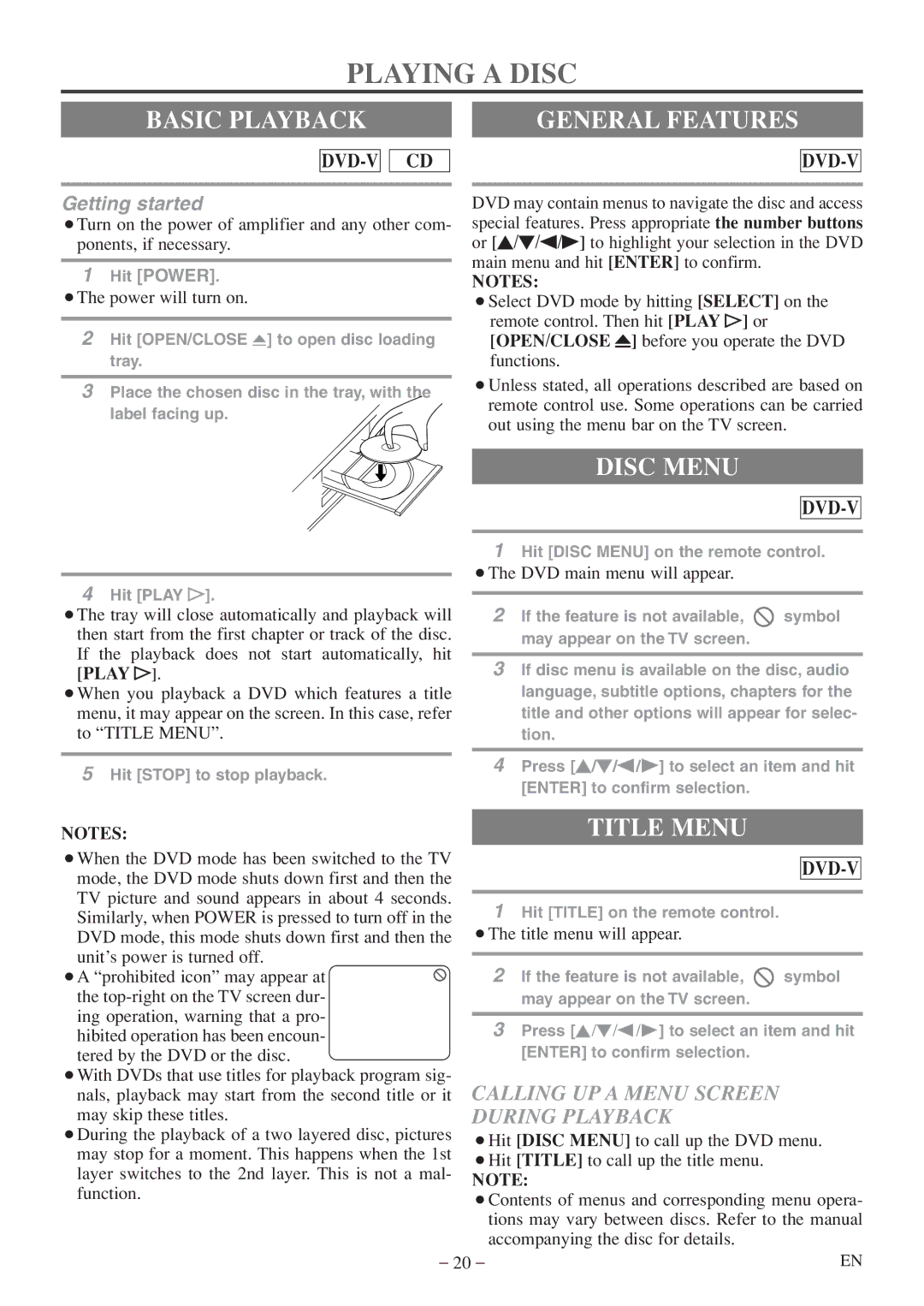 Emerson EWC20D5 A owner manual Playing a Disc, Basic Playback General Features, Disc Menu, Title Menu 