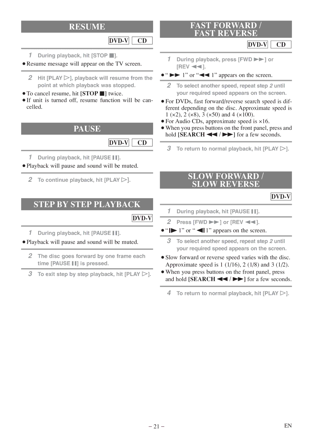 Emerson EWC20D5 A owner manual Resume, Pause, Step by Step Playback, Fast Forward Fast Reverse, Slow Forward Slow Reverse 