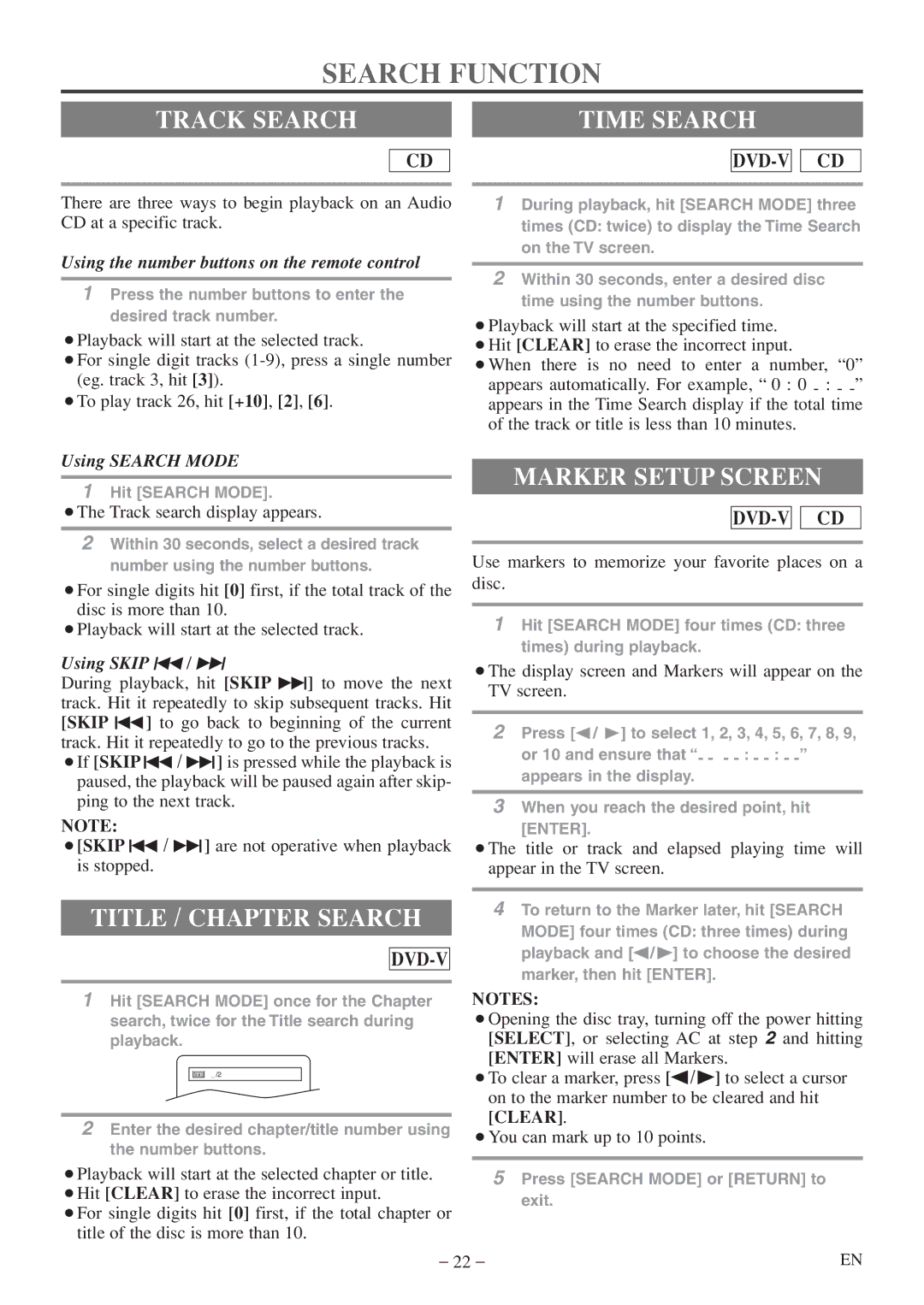 Emerson EWC20D5 A owner manual Search Function, Track Search Time Search, Marker Setup Screen, Title / Chapter Search 