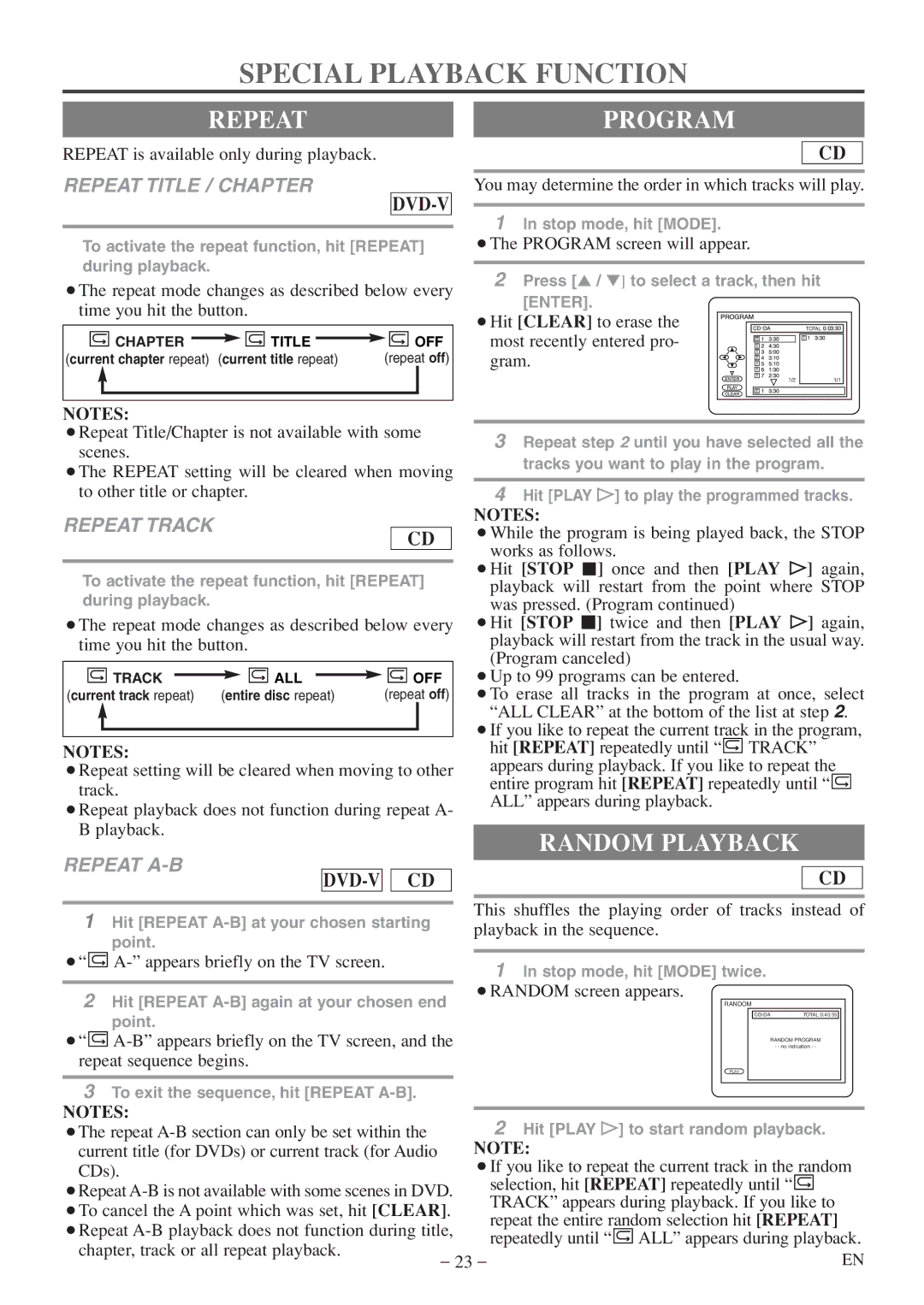 Emerson EWC20D5 A owner manual Special Playback Function, Repeatprogram, Random Playback 