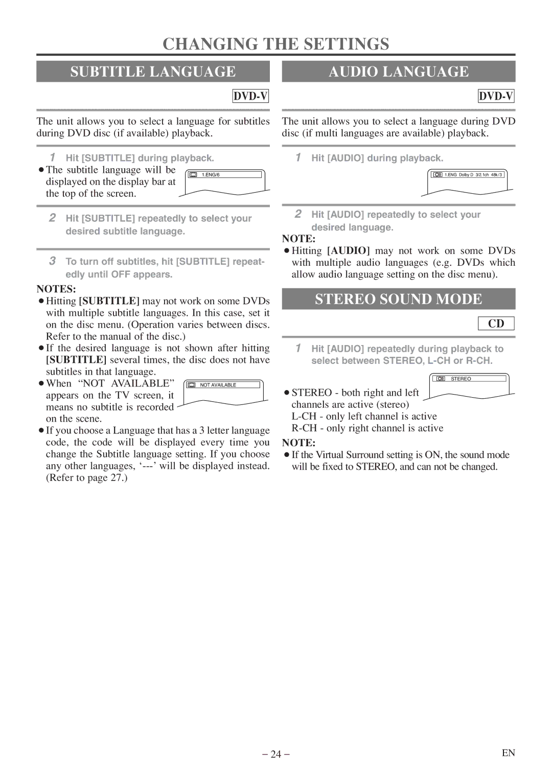 Emerson EWC20D5 A owner manual Changing the Settings, Subtitle Language, Audio Language, Stereo Sound Mode 