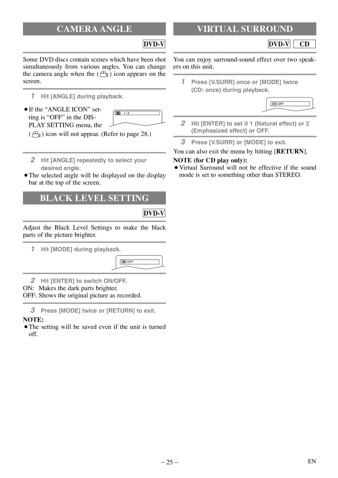 Emerson EWC20D5 A owner manual Camera Angle, Virtual Surround, Black Level Setting 